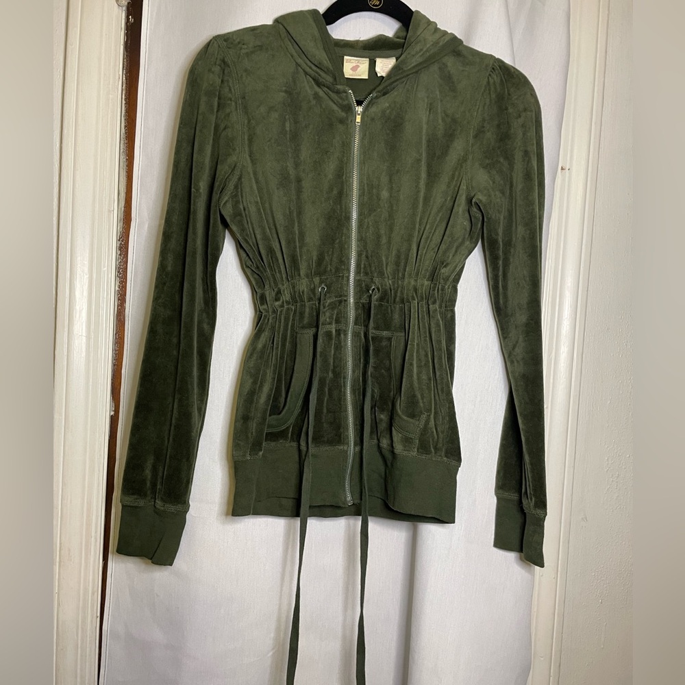 blu chic Preloved Olive Green Velour Women's Hoodie w/ Drawstring Middle Size M - Picture 8 of 10